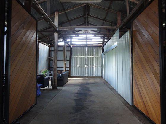 The quieter back area of the shed, looking out through the open doorway to the vines beyond.