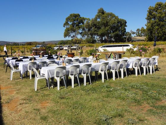 Long reception tables dressed in white cloths, set with flowers, arranged outdoors beside the vineyard.